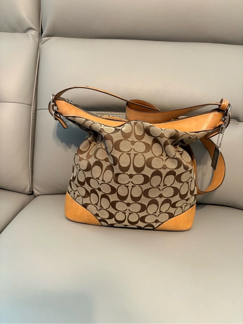 Coach Signature Canvas Shoulder Bag/Crossbody Hobo bag in Brown and Tan